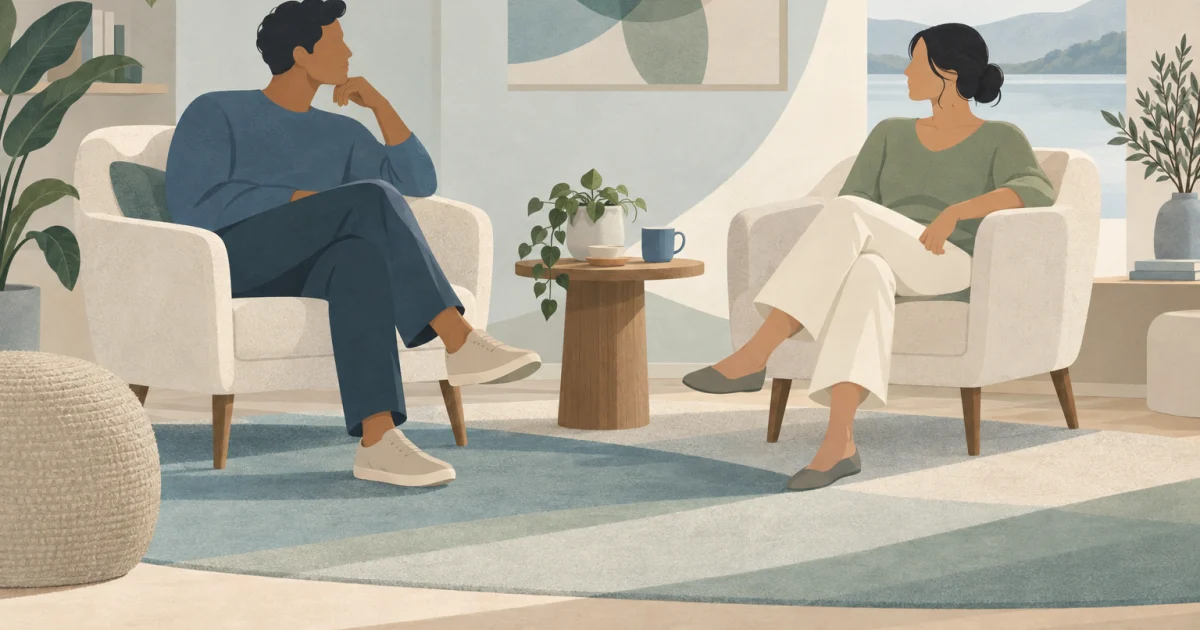 Two stylised adults sit in chairs angled toward each other in a calm blue, teal, sage, and warm neutral room, with a small table between them.
