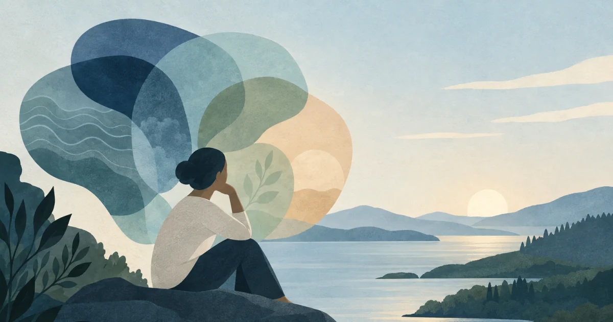 A stylised seated figure beside five overlapping organic shapes in blue, teal, sage, and warm neutral tones.