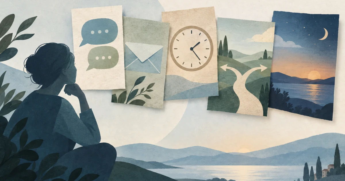 An abstract figure beside five overlapping panels depicting conversation bubbles, an envelope, a clock, branching paths and a landscape in muted blue, teal, sage and warm neutral tones.