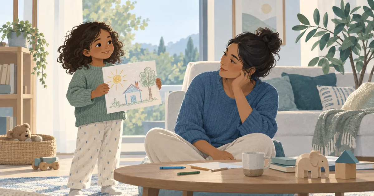 Illustration of a child holding a drawing beside a caregiver who turns toward them, with toys, a low table, and a plant in a softly coloured home.