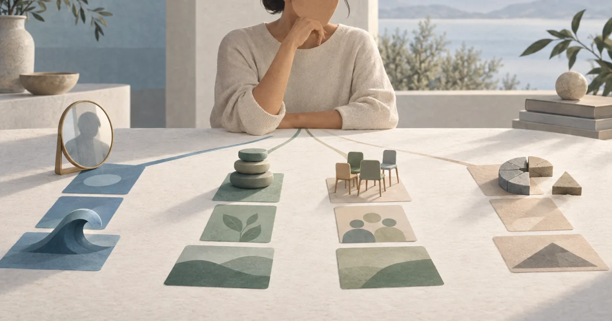 A stylised person pauses at a table with branching arrangements of cards, a mirror, stacked tokens and an incomplete puzzle in blue, teal, sage and warm neutral tones.