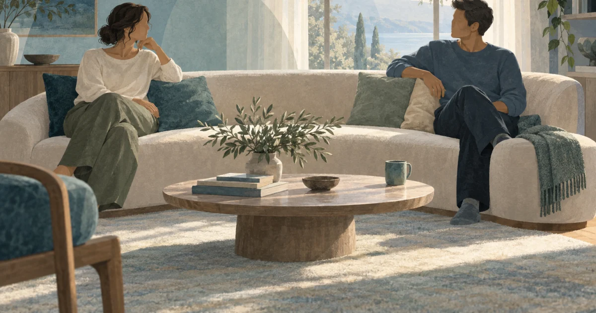 Two illustrated adults sit apart on a curved sofa, turned slightly toward each other in a softly lit room with blue, teal, sage, and warm neutral tones.