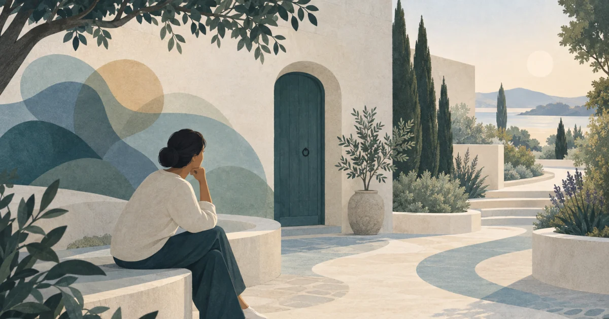 A stylised person sits on a curved bench in a blue and sage courtyard, with a closed doorway behind them and paths winding towards plants and open spaces.