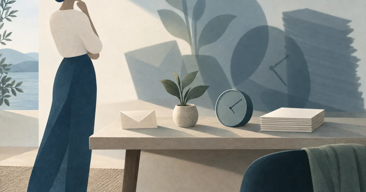 An abstract figure beside a table with an envelope, plant, clock, and blank papers casting oversized shadows in blue, teal, sage, and warm neutral tones.