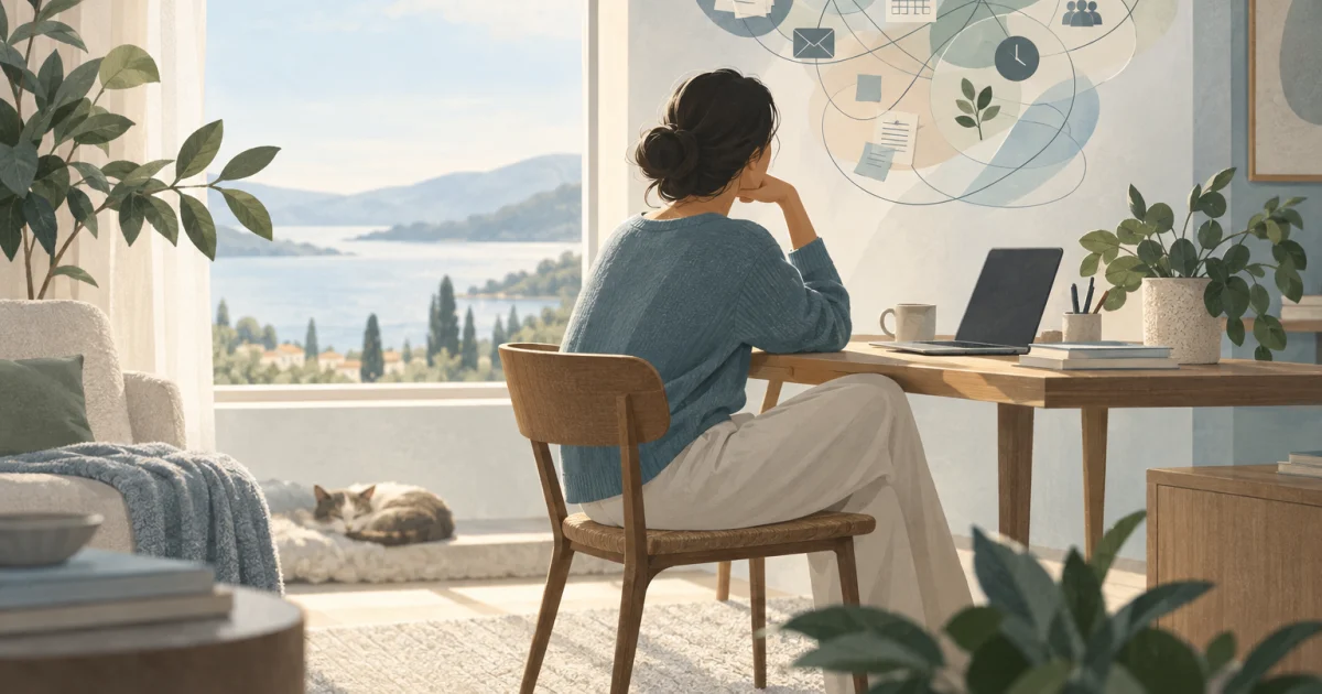 A stylised person sits beside a window in a calm room, with overlapping loops and small task-like shapes floating above the desk in blue, teal, sage, and warm neutral tones.