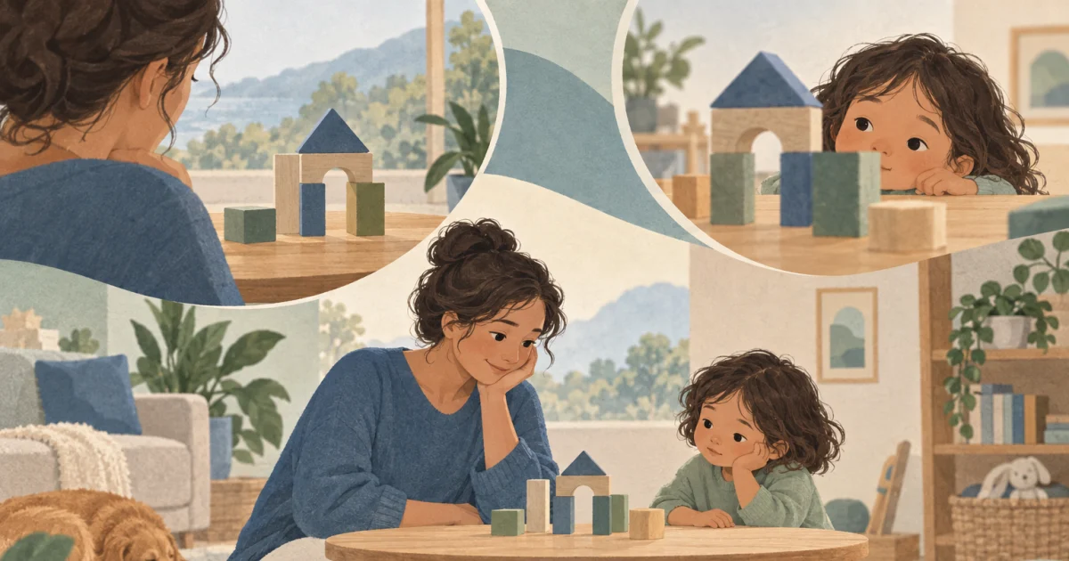 A caregiver and child view wooden blocks from opposite sides of a low table in a softly illustrated blue, teal, sage and warm neutral room.