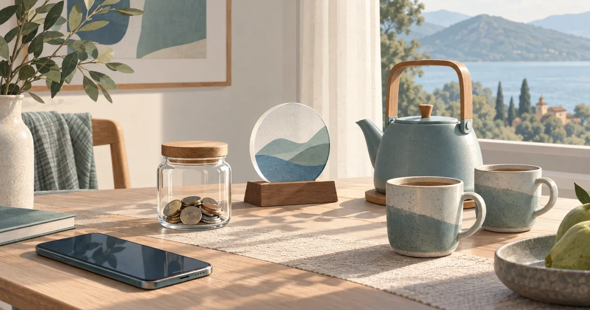 A softly lit table beside a window holds a phone, savings jar, small award, kettle and two cups in muted blue, teal, sage and warm neutral tones.
