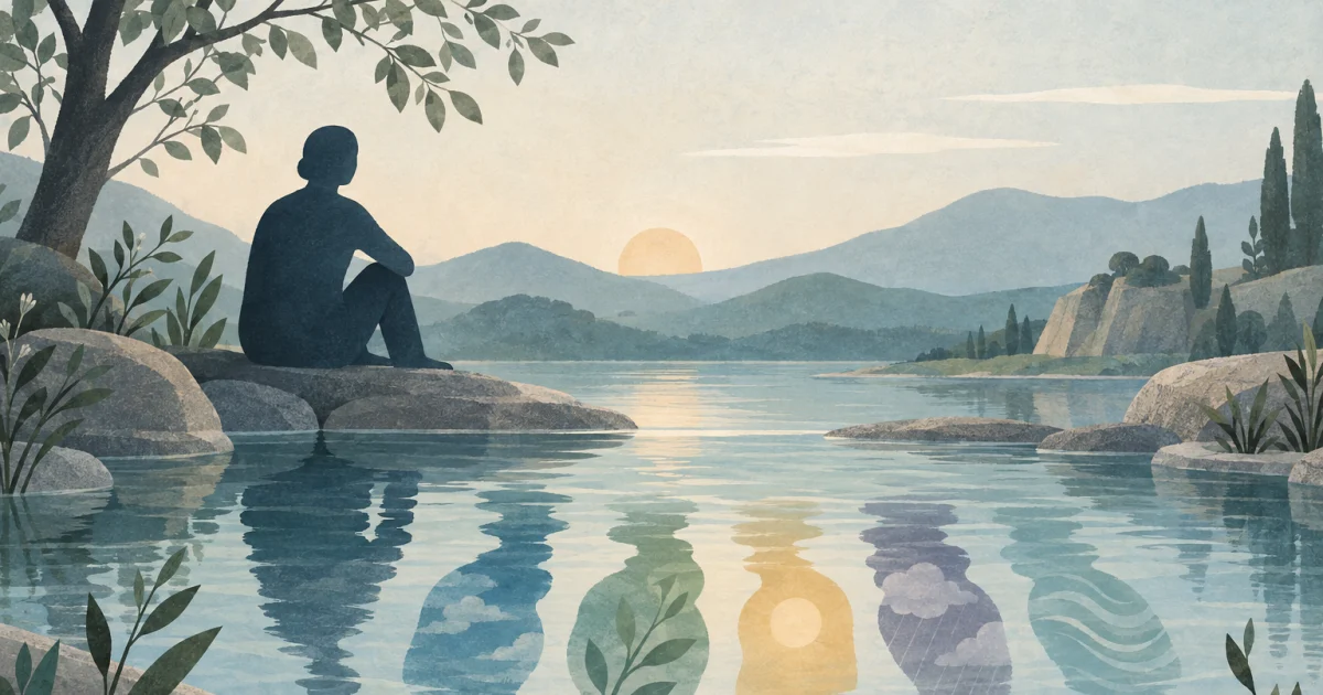 An abstract seated figure beside a rippling pool reflecting five organic shapes in blue, teal, sage, and warm neutral tones.