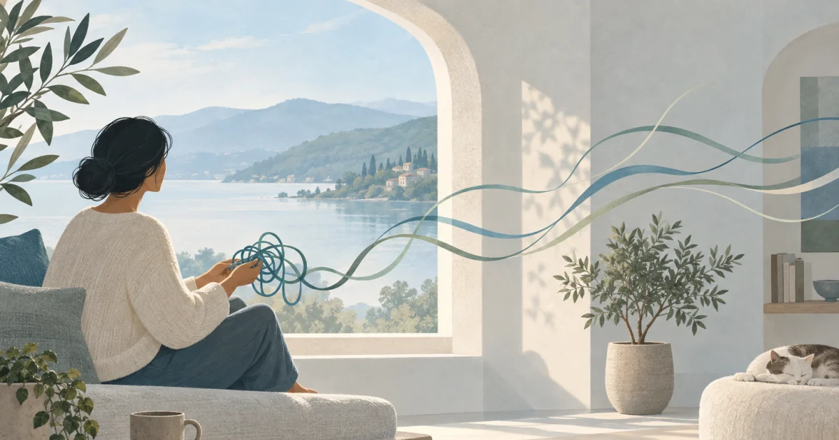 A stylised person sits beside a curved window as a tangled ribbon opens into flowing lines, surrounded by soft blue, teal, sage and warm neutral tones.
