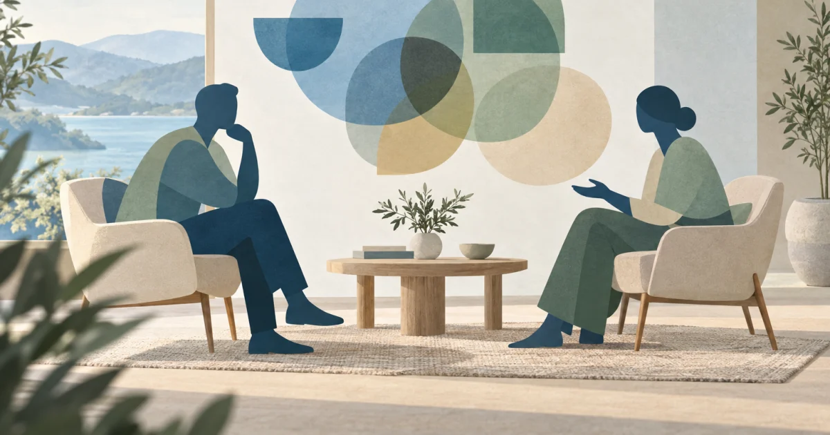 Two abstract figures sit across a low table, with overlapping translucent blue, teal, and sage shapes between them against a warm neutral background.