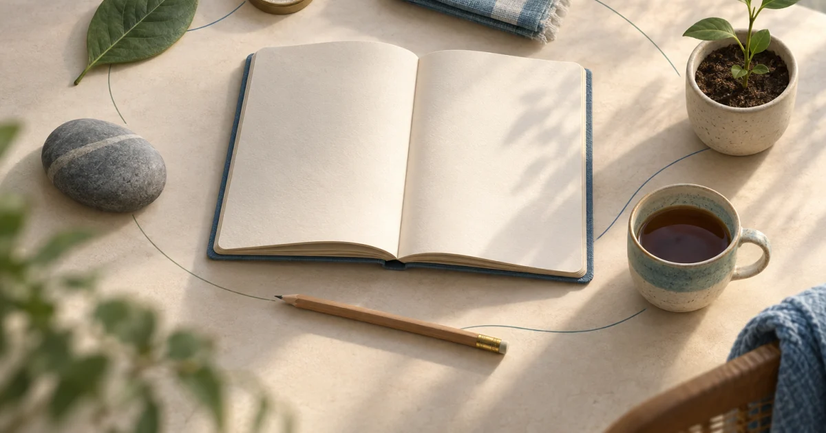 An open notebook surrounded by a compass, leaf, folded fabric, stone, cup, pencil, and potted seedling in muted blue, teal, sage, and warm neutral tones.