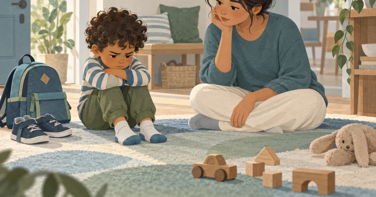 Illustration of a frustrated child sitting on a rug while a caregiver sits nearby, with shoes, a school bag, and toys in a softly coloured home.