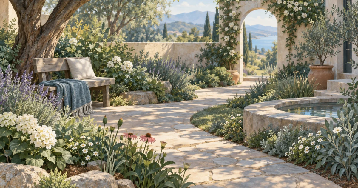 A winding path through a blue, teal, and sage courtyard garden, with a bench, leafy tree, and flowers in alternating sunlight and shade.