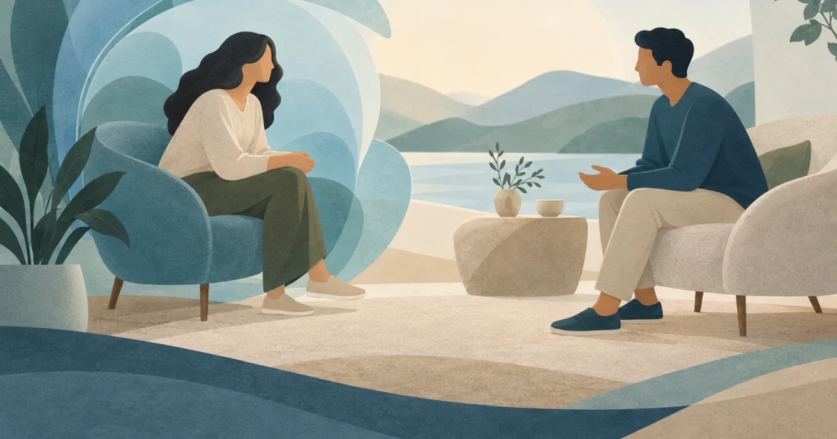 Two stylised figures sit facing each other, with blue and sage curved layers opening around one figure and warm neutral space between them.