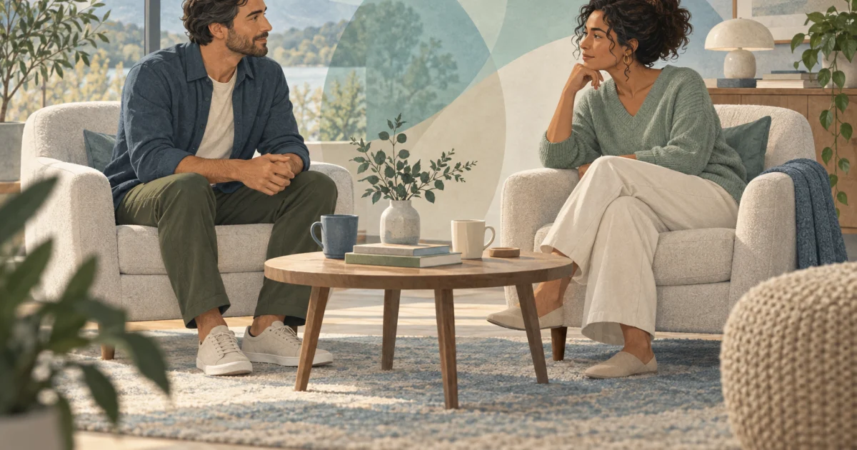Two illustrated adults sit facing each other in a softly lit living room, surrounded by blue, teal, sage, and warm neutral shapes.