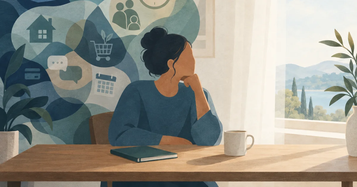 A stylised person sits at a table with a notebook and cup, with overlapping blue and teal shapes on one side and an open, softly lit window on the other.