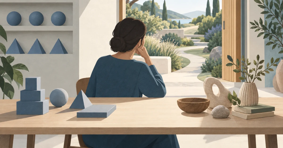 A stylised person pauses beside a table of abstract objects, with geometric shapes nearby and curved paths leading into a garden in blue, teal, sage, and warm neutral tones.