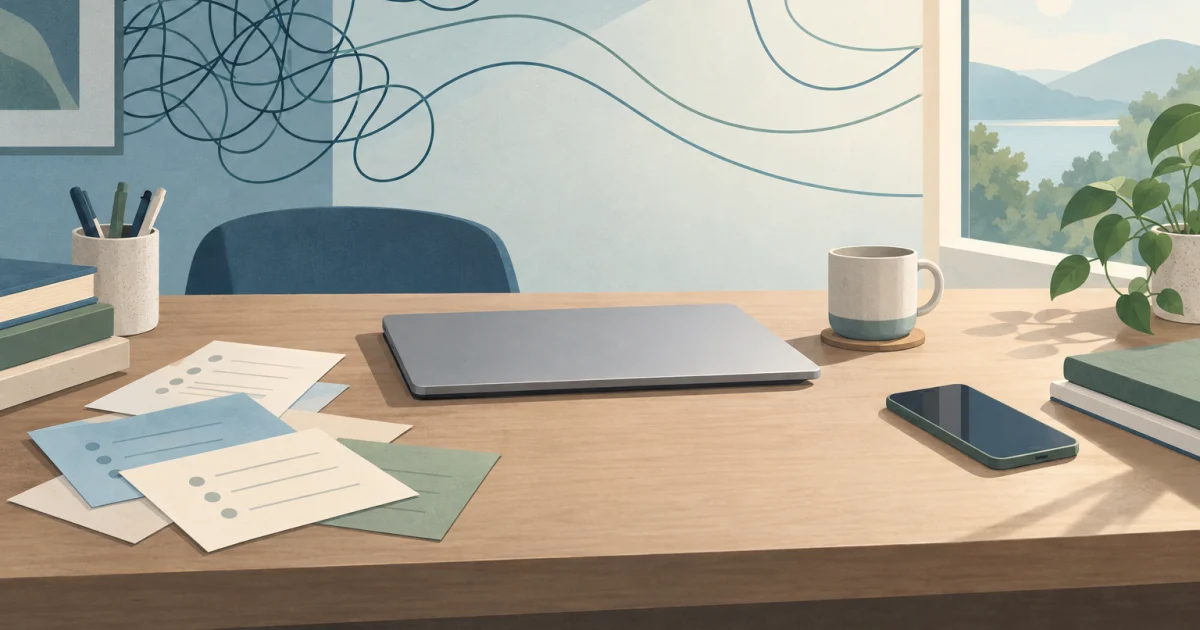 Illustrated desk with a closed laptop, task cards, clock and phone, with looping lines opening towards a softly lit window and plant.