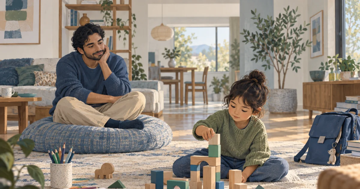 A caregiver sits on a floor cushion near a child building with wooden blocks, with a schoolbag and drawing materials nearby in a softly coloured room.