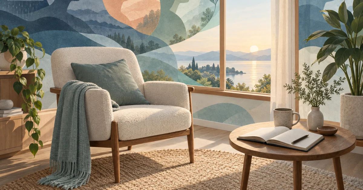 An empty blue chair beside a softly lit window, with an open notebook, a leafy plant and layered teal, sage and warm neutral shapes.