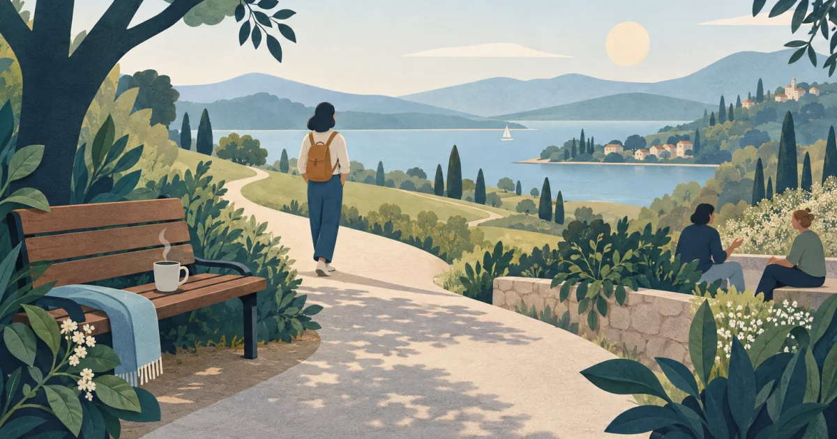 A stylised figure pauses on a winding path beside a shaded bench, tea, and plants, while two figures sit together nearby and hills rise in the distance.