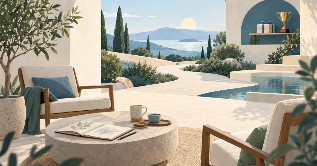 A softly coloured courtyard with a curving path, two chairs, plants and an open sketchbook, with a parcel and trophy on a shelf in the background.