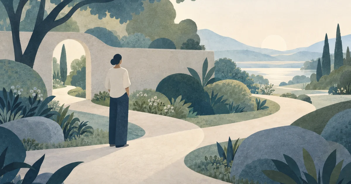 An abstract figure beside a looping blue and teal garden path, with sage plants and an opening toward a warm, softly lit space.