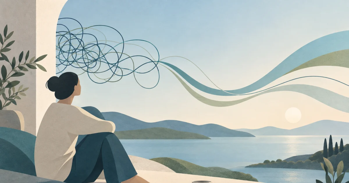 An abstract seated figure beside a notebook, phone and cup, with tangled blue and teal lines opening into loose curves against a warm neutral background.