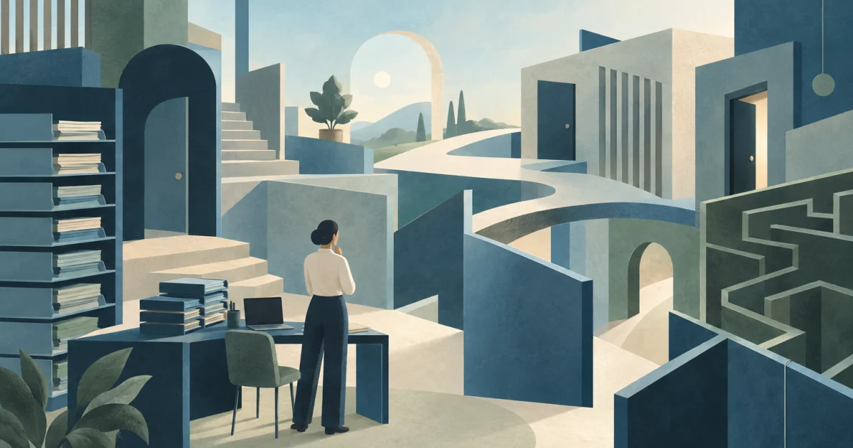 An abstract office illustration with a small figure beside a desk, stacked task trays, branching paths, and partially closed doorways in blue, teal, sage, and warm neutral tones.