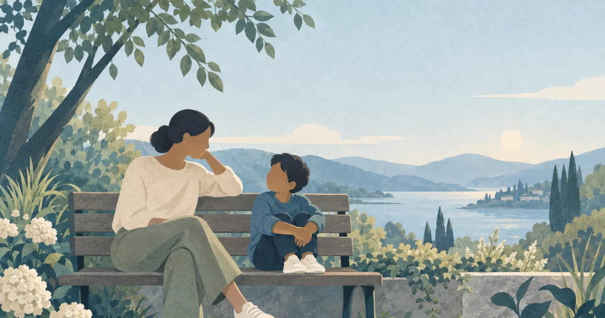 A stylised caregiver and child sit beside one another on a garden bench, surrounded by soft sage foliage and blue and teal shapes.