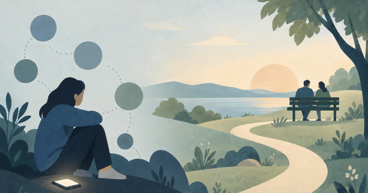 A seated figure beside a glowing phone and scattered circles, with a curved path leading toward two figures together on a bench in muted blue, teal and sage.