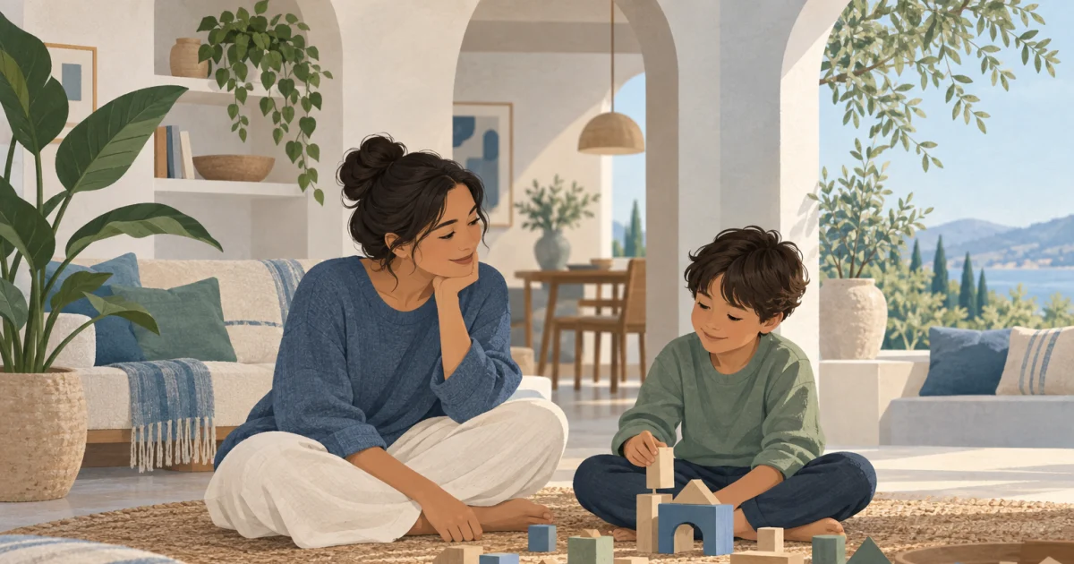 Illustration of a caregiver and child sitting together on a woven rug beside wooden building pieces, with plants and soft blue, teal, sage, and warm neutral surroundings.