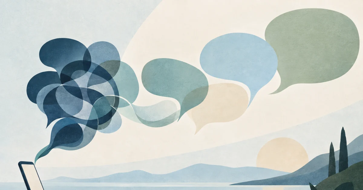 Five abstract speech bubbles extend from a stylised phone, shifting from tangled forms to open shapes in blue, teal, sage and warm neutral tones.