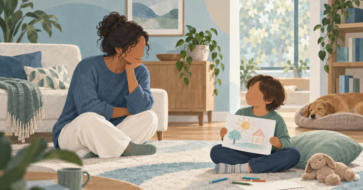 Illustration of a caregiver sitting near a child holding a drawing, with coloured pencils and a cushion on a rug in muted blue, teal, sage, and warm neutral tones.