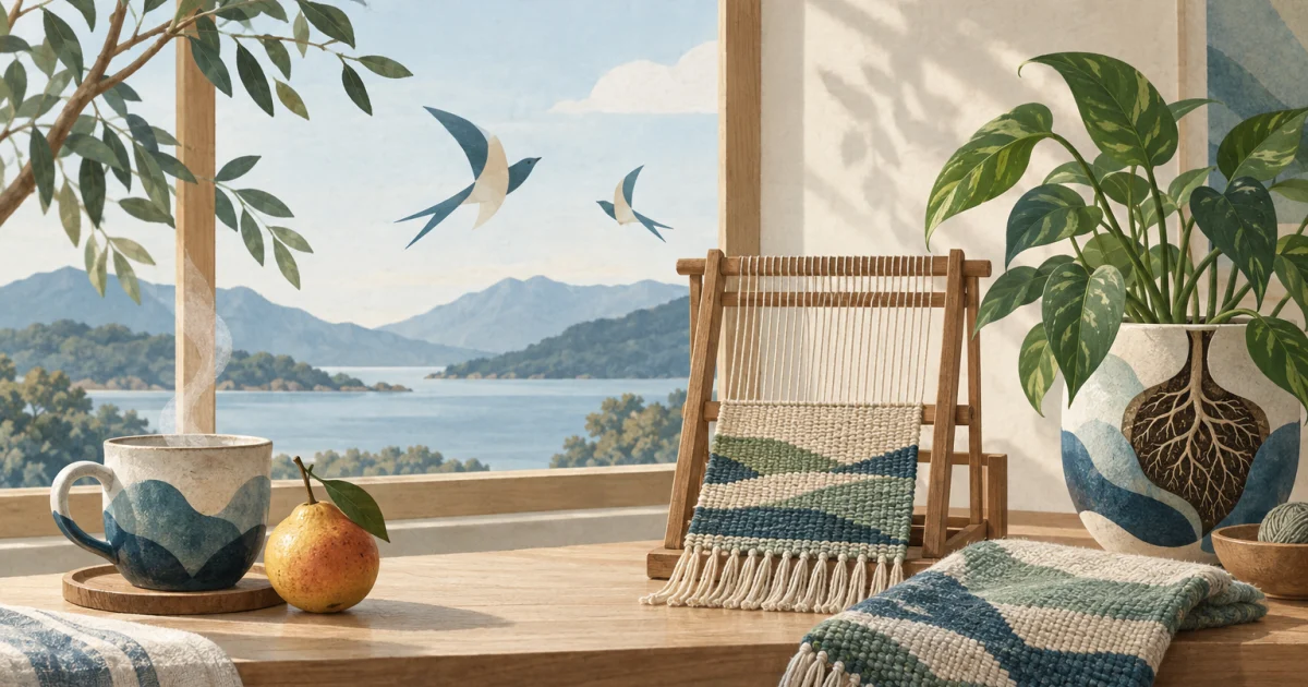 A softly textured illustration of a steaming cup and fruit, two birds outside a window, a finished woven piece beside a loom, and a leafy plant in blue, teal, sage and warm neutral tones.