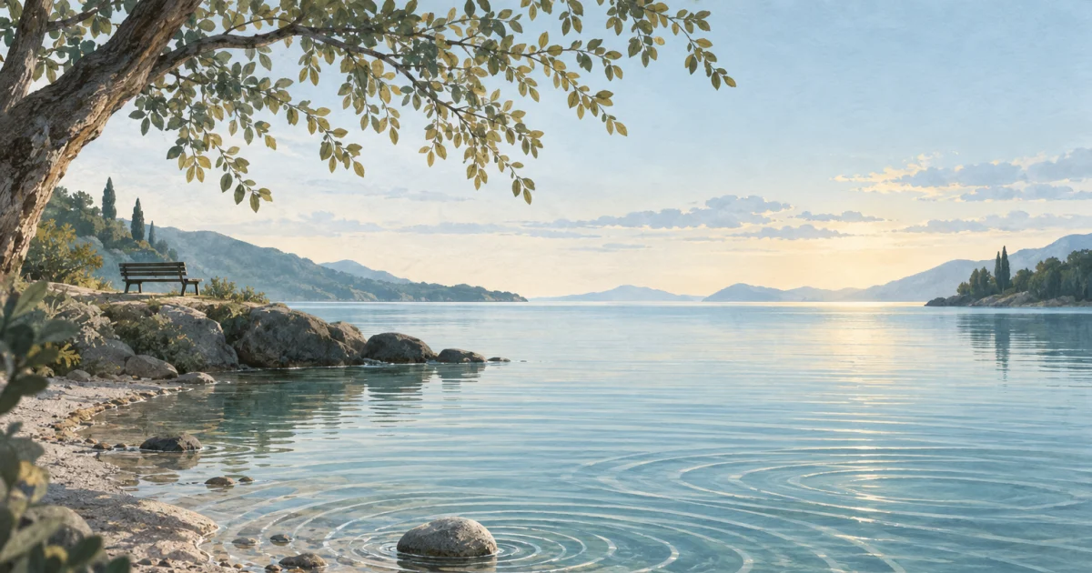 An empty bench beneath sage-green foliage beside a quiet blue and teal shoreline, with overlapping ripples around a smooth stone.