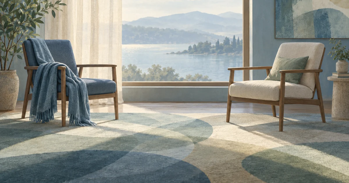 Two separated chairs beside a window in a softly lit blue, teal, and sage room, with overlapping floor patterns and a small leafy plant.