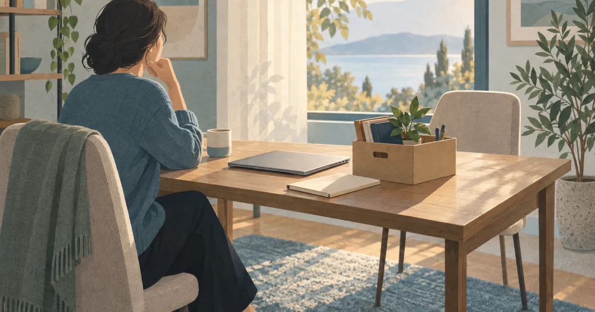 A stylised person beside a home desk with a closed laptop, notebook and box of office belongings, near a sunlit window and leafy plant.