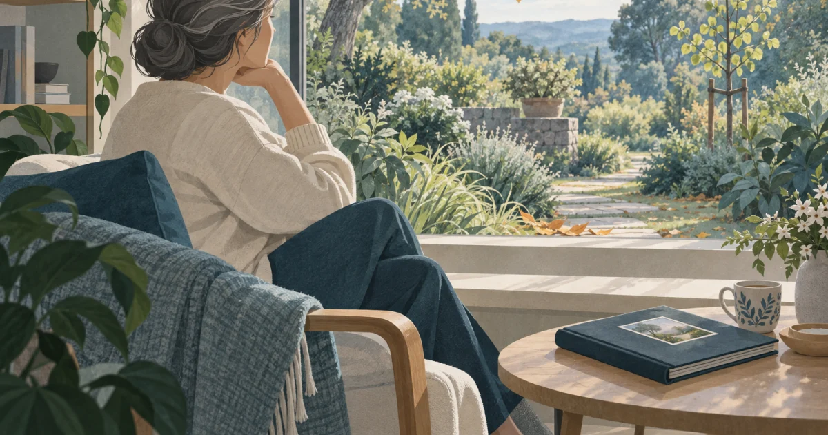 A stylised adult sits beside a window and a closed photo album, looking toward a garden with mature trees, new shoots, and fallen leaves.