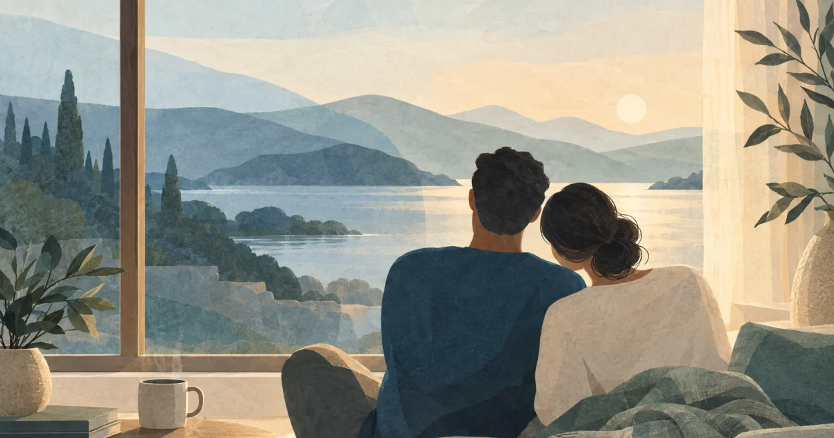 Two abstract figures sit together beside a window overlooking a layered blue and sage landscape, with a cup and folded blanket nearby.