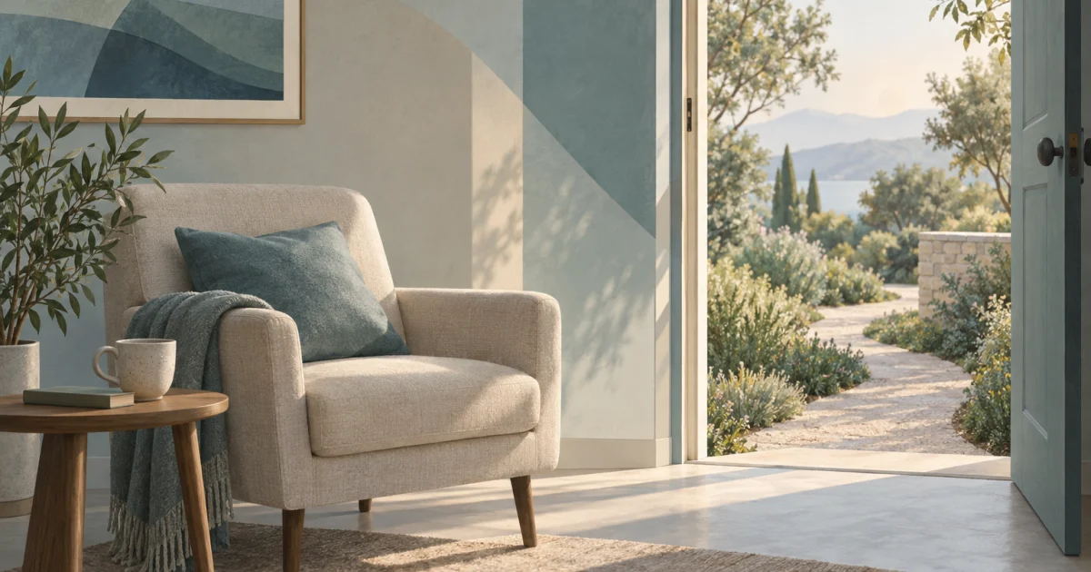 Illustration in blue, teal, sage, and warm neutrals showing a quiet room with a chair, cup, and plant beside an open doorway to a curving garden path.