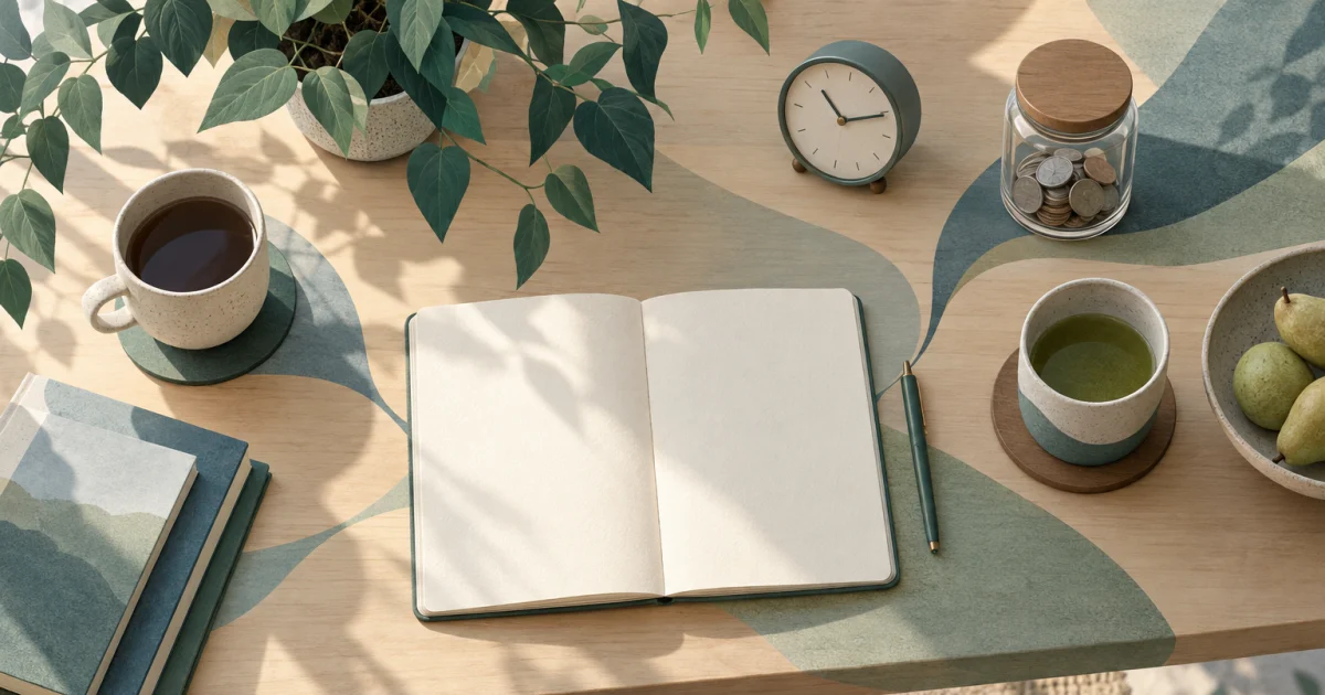 Overhead illustration of a blank notebook, clock, savings jar, two cups, and a leafy plant on a table in muted blue, teal, sage, and warm neutral tones.