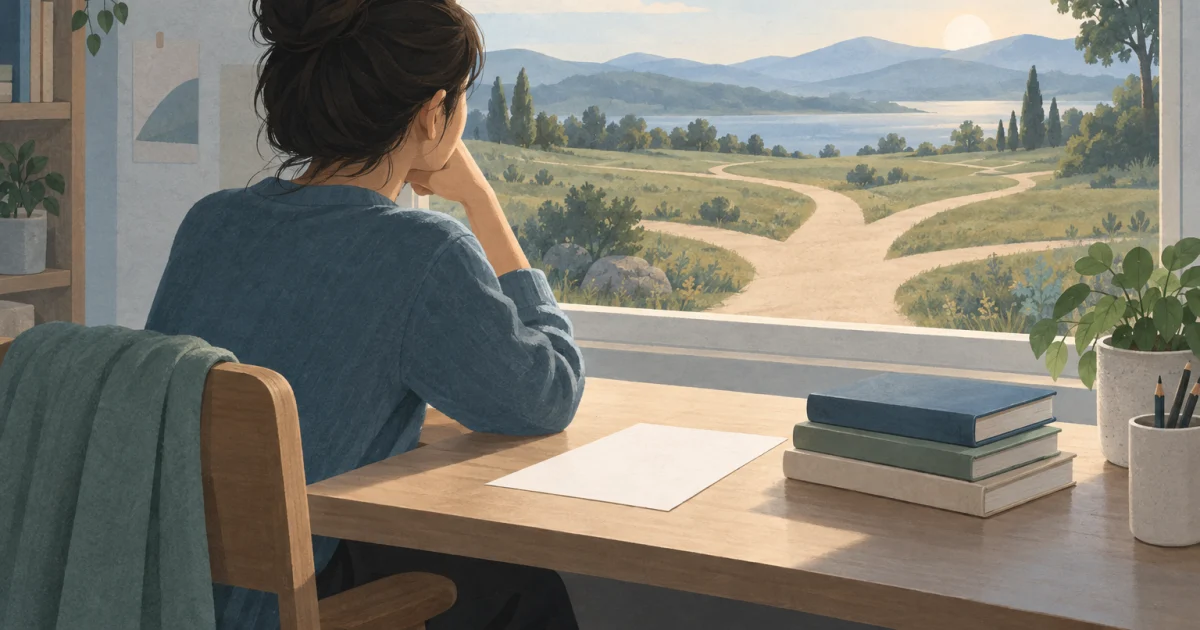 An illustrated student sits beside closed books at a desk, with a small plant and branching paths visible through a window.