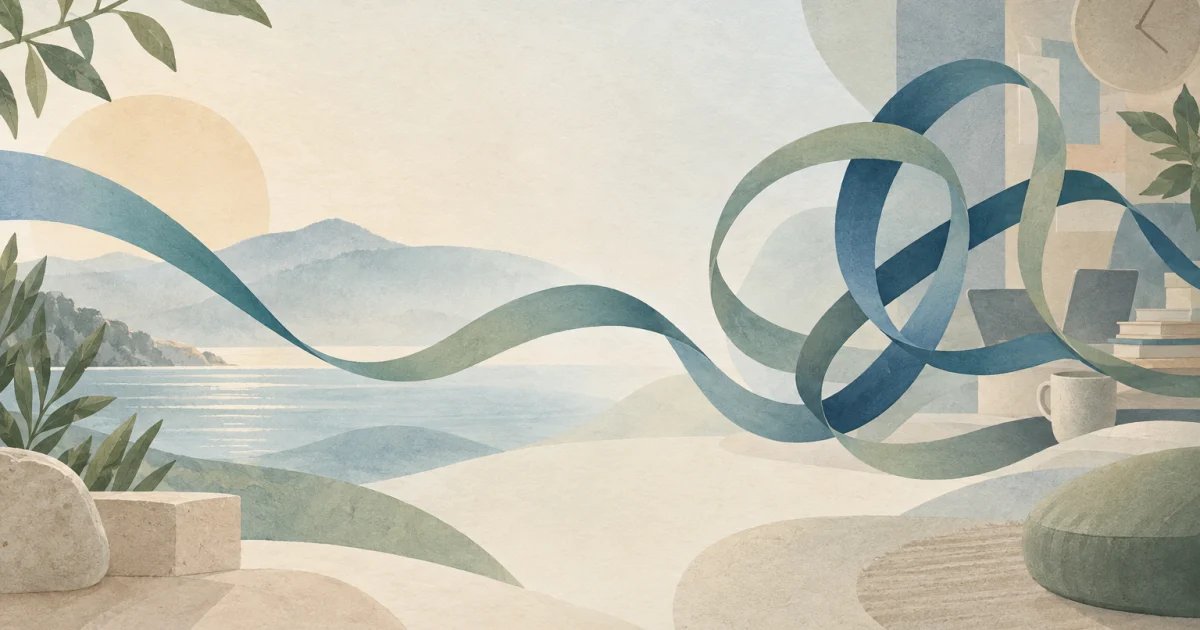 A blue and teal ribbon shifts from loose curves into tighter overlapping loops among sage botanical shapes on a warm neutral background.