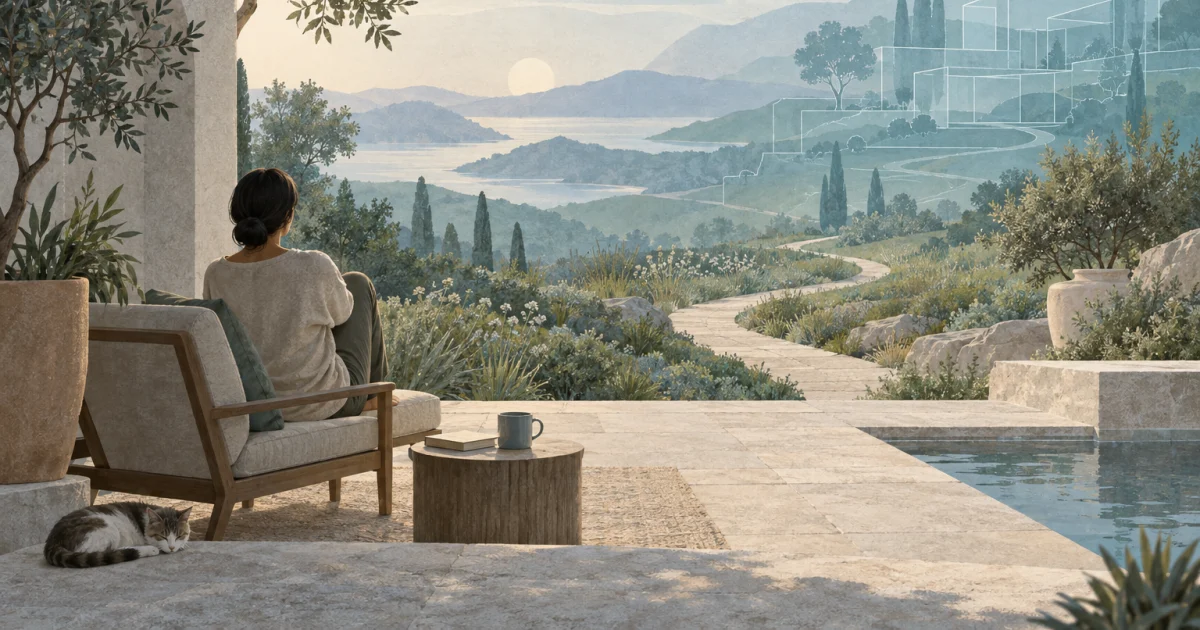 A seated figure in a quiet courtyard beside a winding path, with sage plants in the foreground and faint outlines of buildings in a blue and teal distance.
