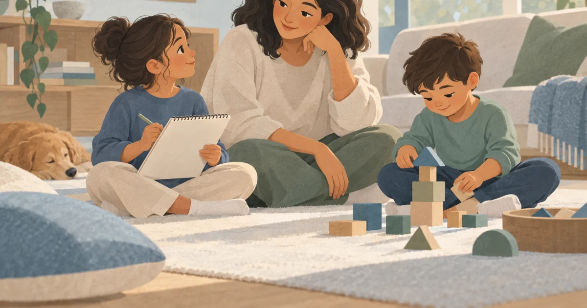 A caregiver sits at eye level with two children, one holding a sketchbook and the other playing with building pieces, in a softly illustrated blue, teal and sage room.
