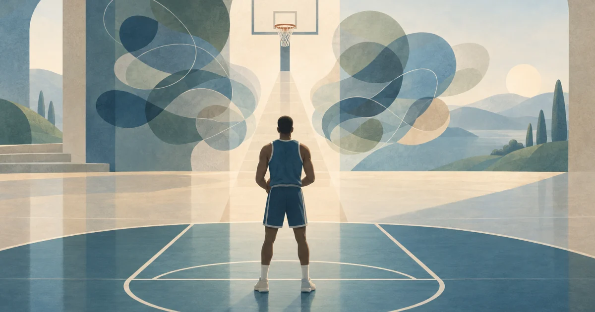 A stylised athlete faces a basketball hoop on a blue and sage court, with looping abstract shapes around the figure and open space ahead.