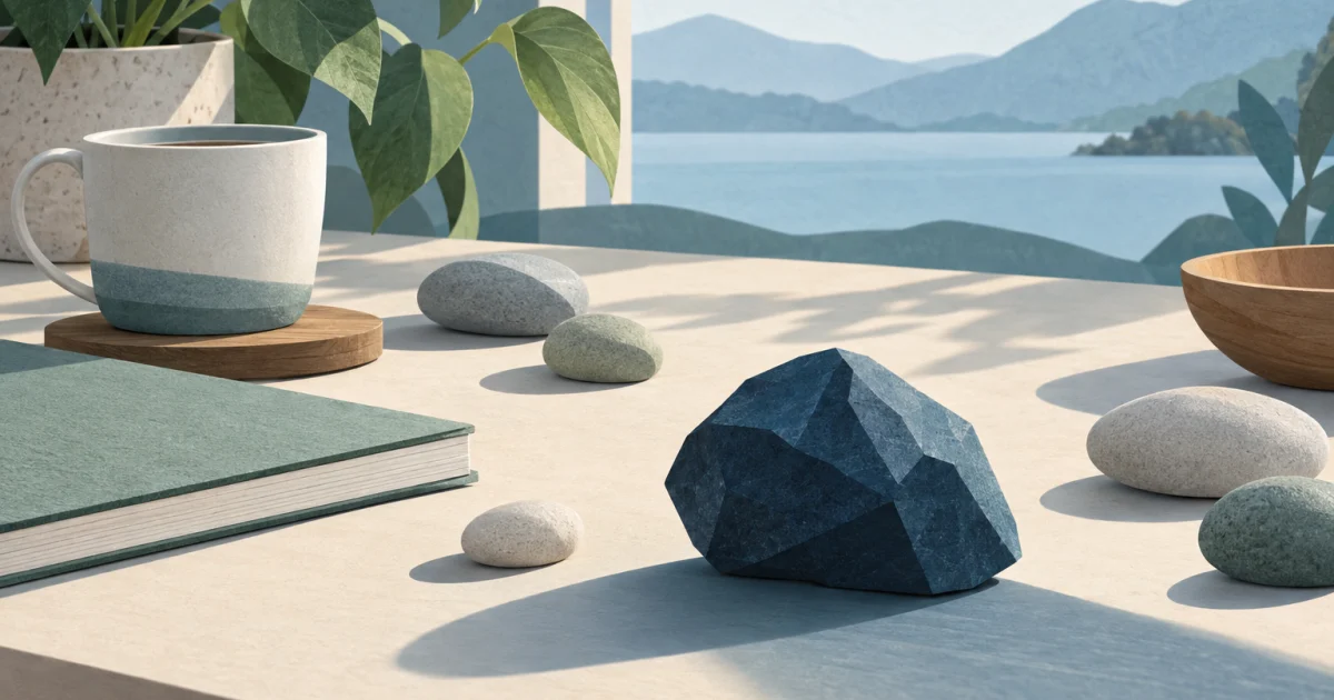 A dark blue angular stone casts a prominent shadow beside smooth stones, a cup, a notebook, and a leafy plant in soft teal, sage, and warm neutral tones.