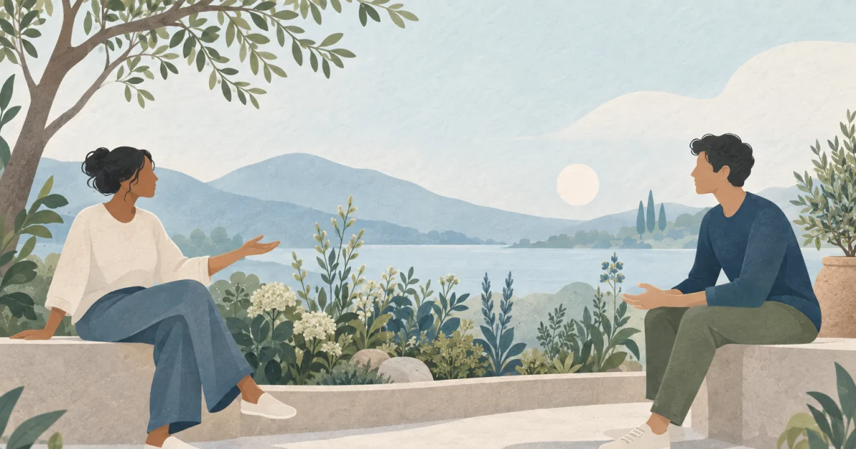 Two stylised figures face each other across a low curved garden border, surrounded by open space and soft blue, teal and sage foliage.