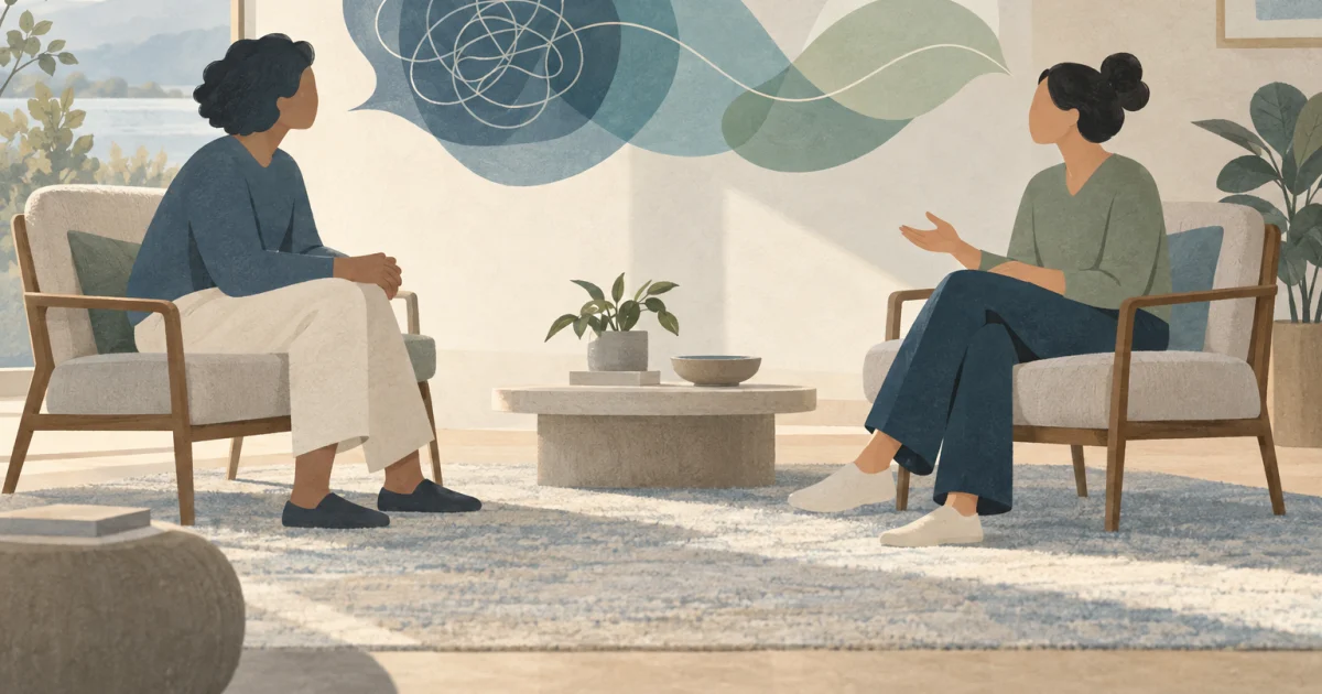 दो stylized figures एक blue, teal, और sage interior में एक-दूसरे की तरफ बैठे हैं, और उनके बीच की जगह में abstract curves overlap कर रही हैं।